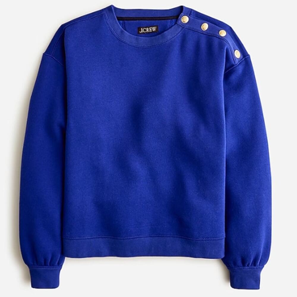 J Crew Heritage Fleece Cropped Sweatshirt Brilliant Cove Oversized Button Medium